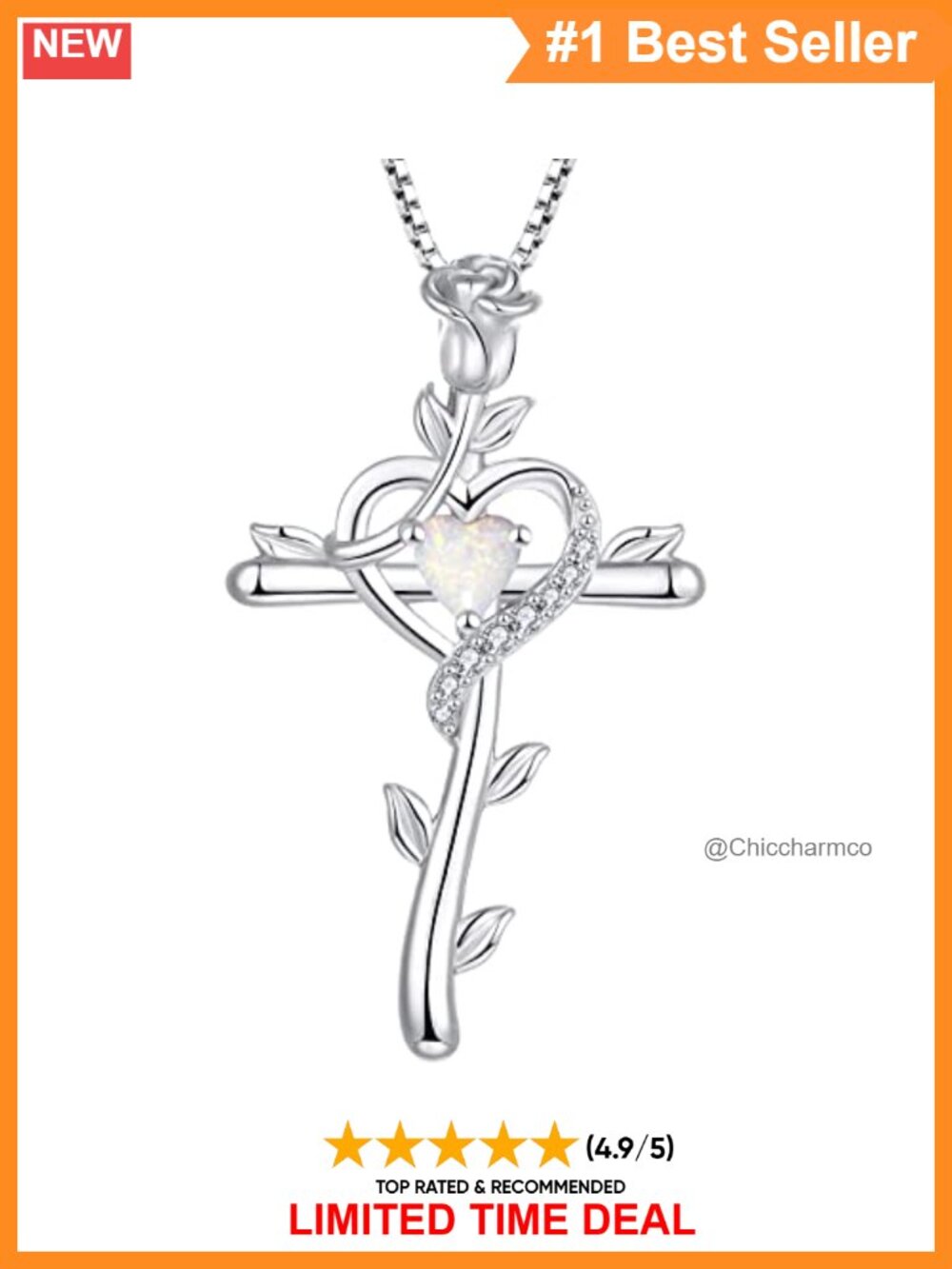 925 Sterling Silver Rose Cross Heart Pendant Necklace 18"
